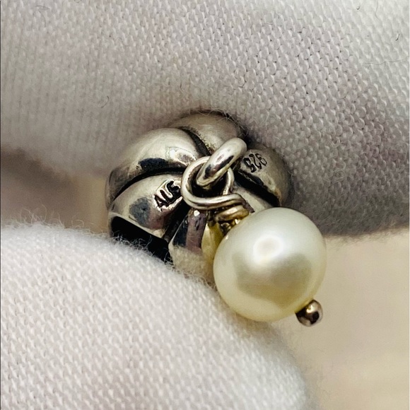 EUC Pandora 790402CZ Sterling Silver w/ 14k Yellow Gold Blooming Dangle w/ Pearl - Picture 6 of 7
